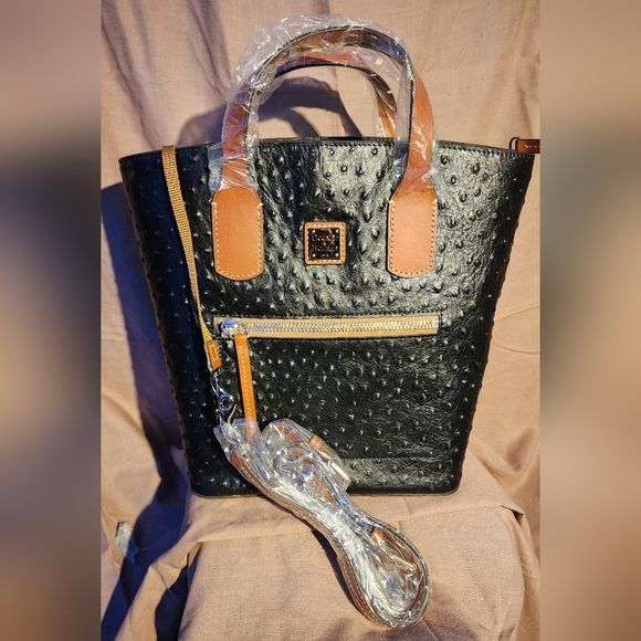 Dooney & Bourke Handbags - Dooney & Bourke Black and Tan Ostrich-Embossed Tote